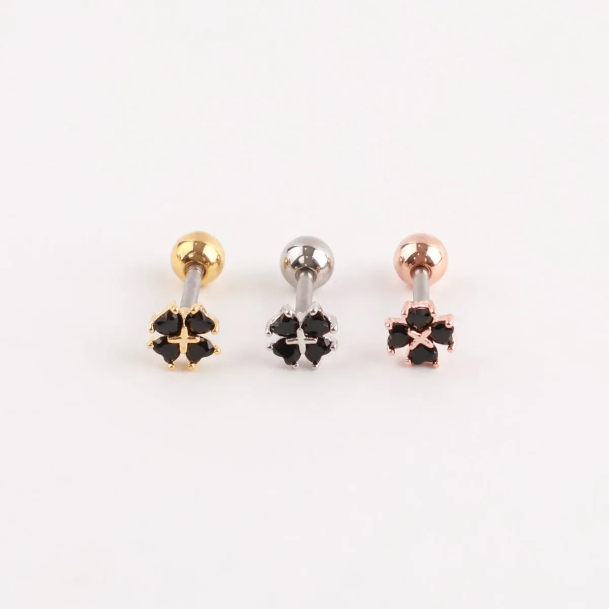 Black Clover Barbell Stud | Brass + Surgical Steel | K-Style Ear Stack (Single)