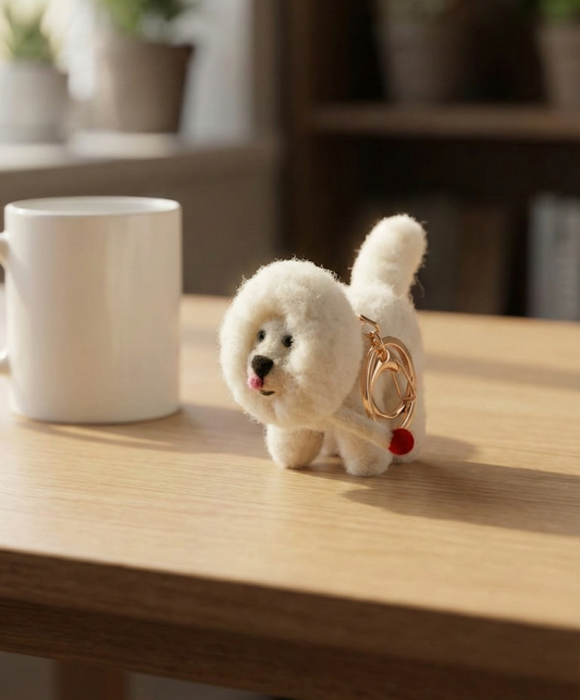 Handmade wool felt Bichon Frise keychain on wooden table with coffee cup