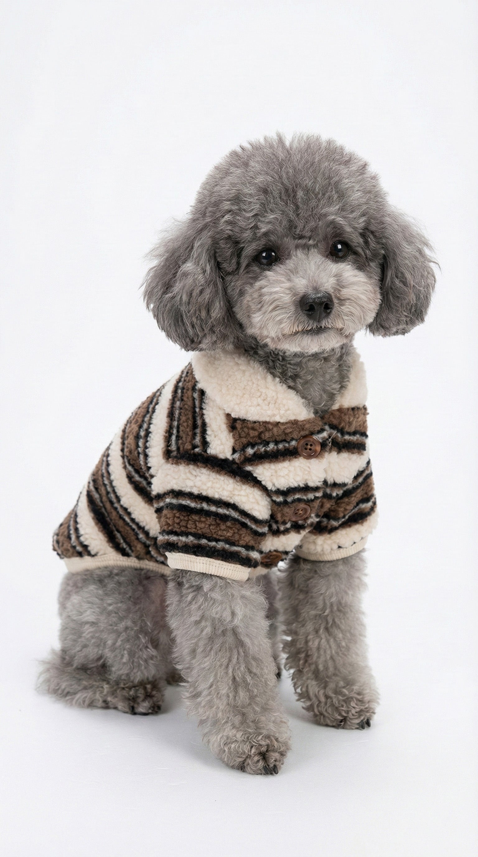 Gray poodle wearing brown striped sherpa fleece dog cardigan sitting on white background