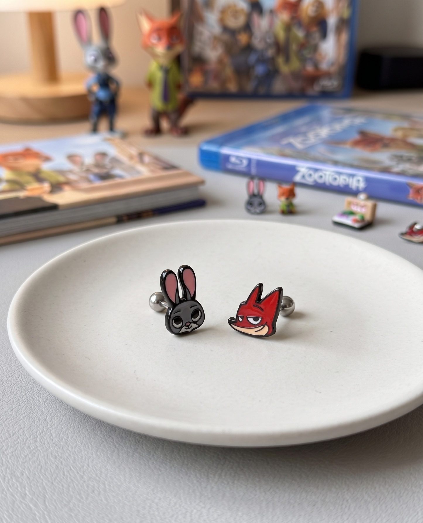 Zootopia Judy & Nick enamel barbell studs — kawaii earstack essential, Seoul-inspired kidcore pick
