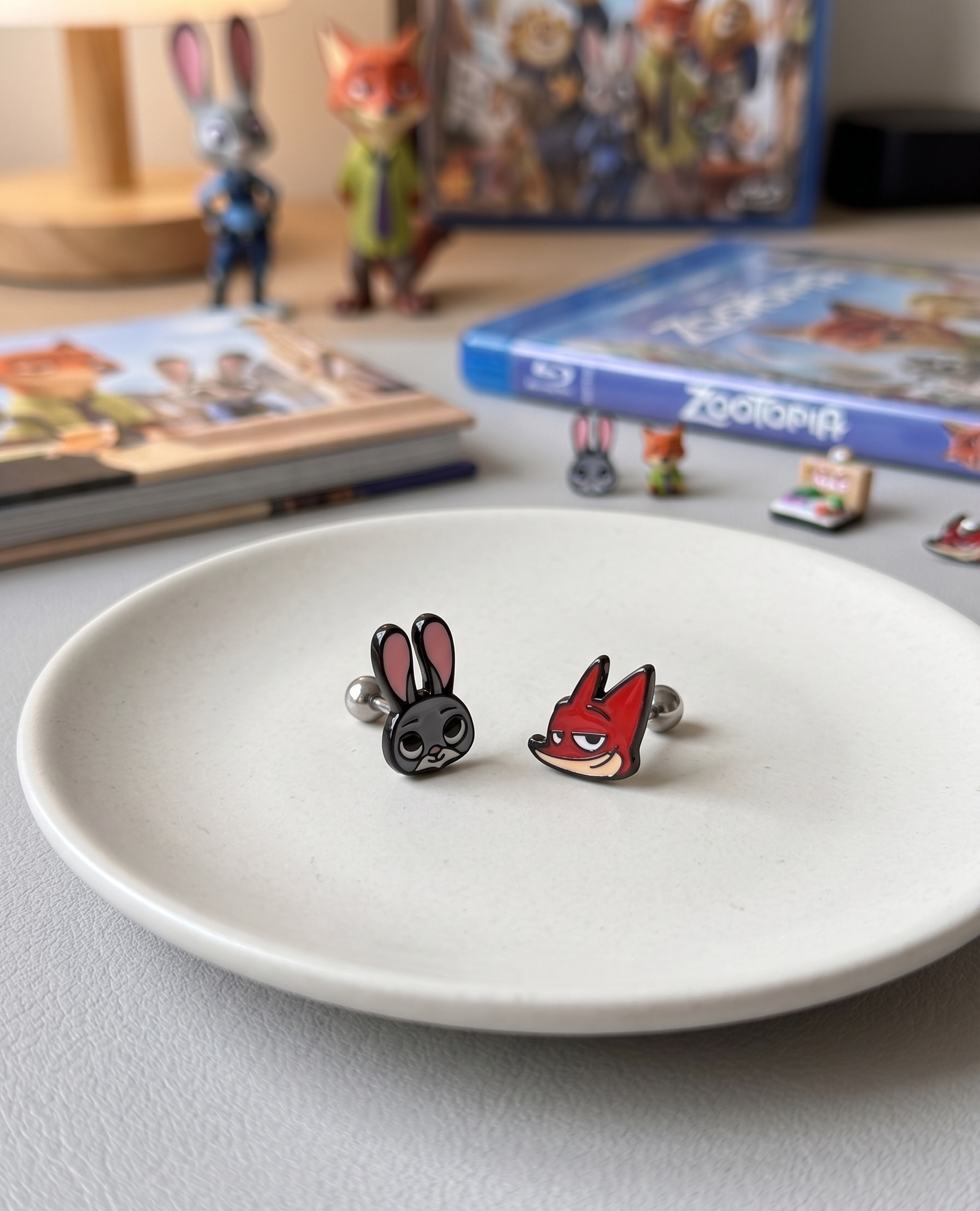 Zootopia Judy & Nick enamel barbell studs — kawaii earstack essential, Seoul-inspired kidcore pick