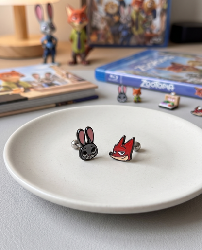 Zootopia Judy & Nick enamel barbell studs — kawaii earstack essential, Seoul-inspired kidcore pick