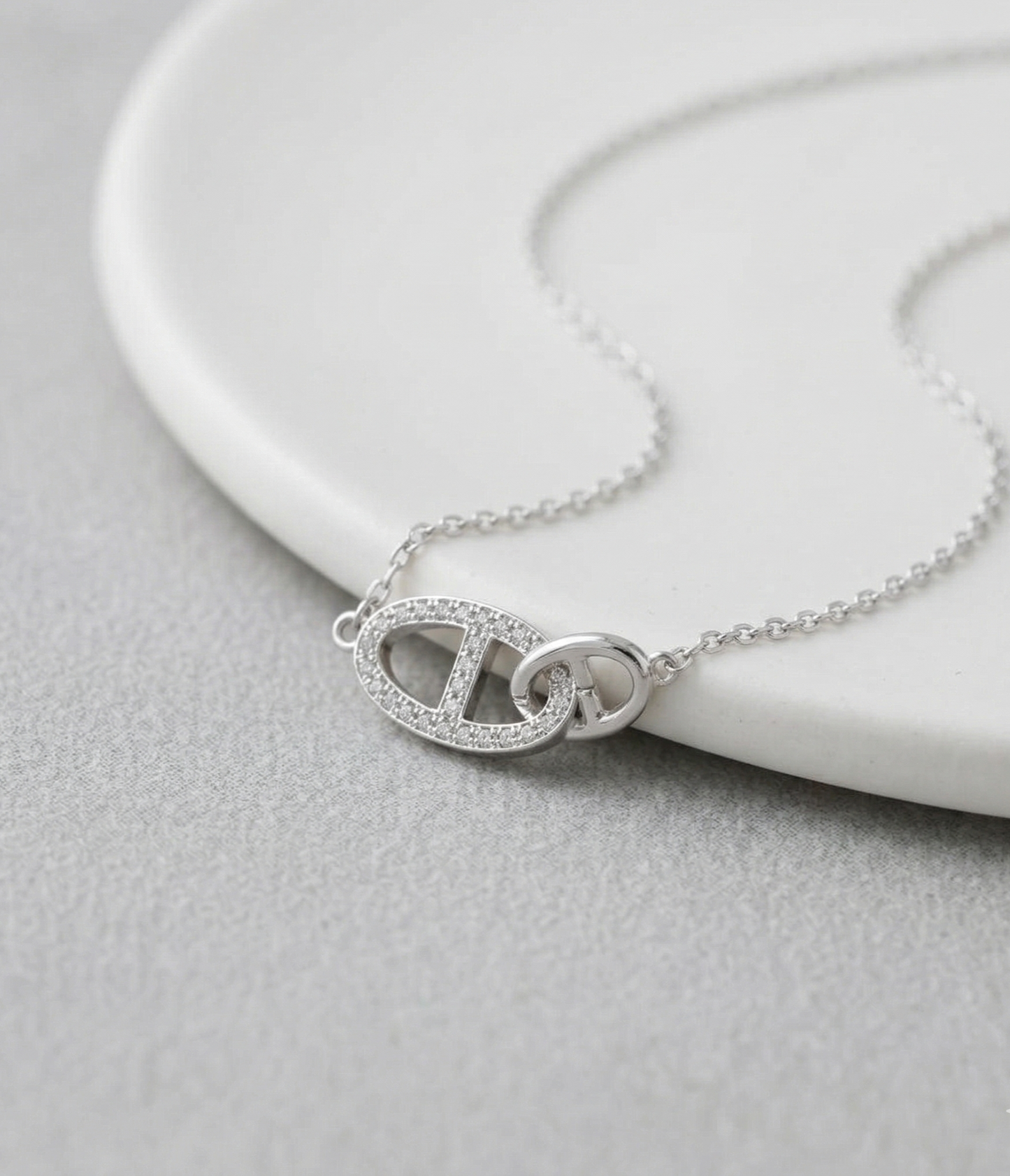 Close-up of 925 sterling silver pavé CZ interlocking double ring necklace resting on a white ceramic plate, showcasing the detailed cubic zirconia setting