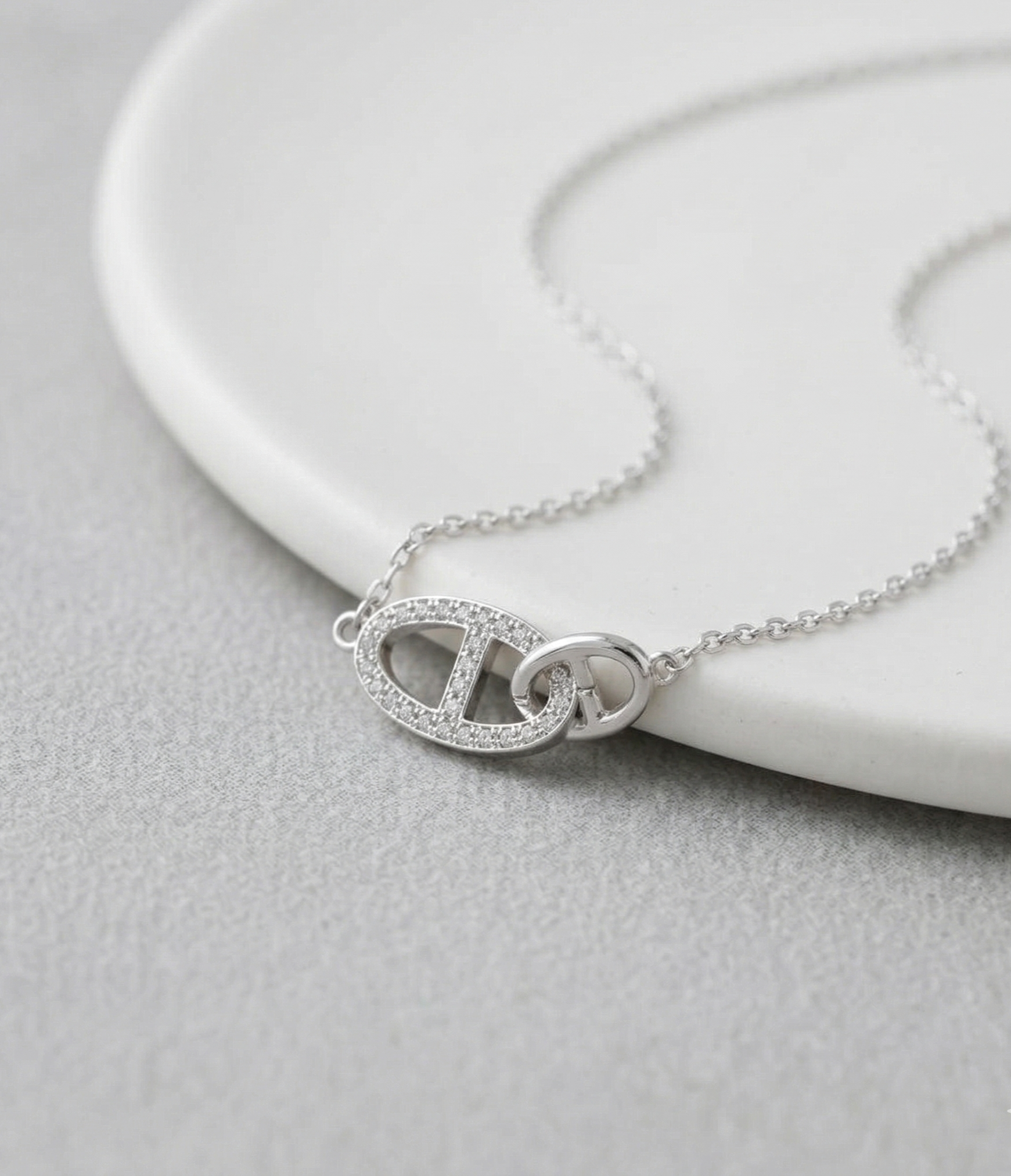 Close-up of 925 sterling silver pavé CZ interlocking double ring necklace resting on a white ceramic plate, showcasing the detailed cubic zirconia setting