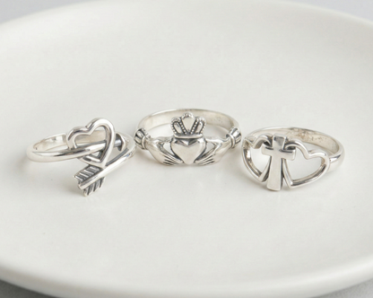 925 Sterling Silver Vintage Ring - Claddagh, Cupid Arrow & Heart Cross