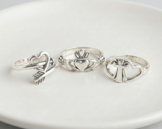 925 Sterling Silver Vintage Ring - Claddagh, Cupid Arrow & Heart Cross