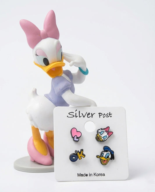 Daisy Duck figurine with 4-piece Donald Daisy enamel earring set on white card - silver post studs made in Korea
