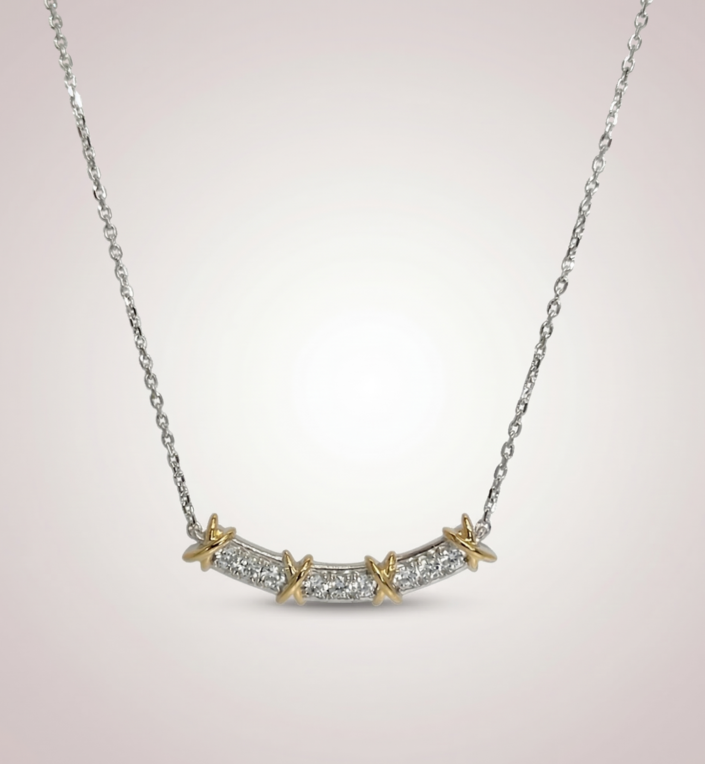 925 Sterling Silver Two-Tone Curved Bar Necklace with Gold X Cross