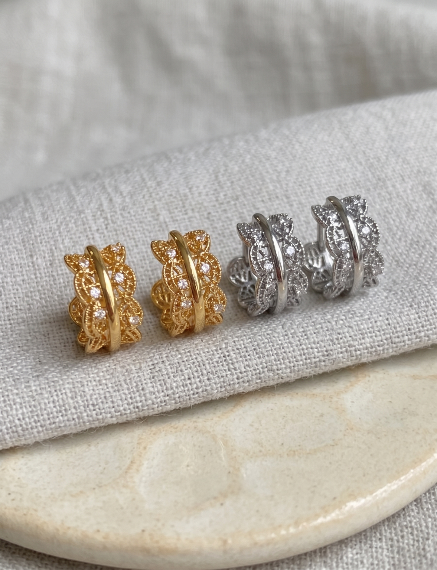 Vintage Filigree Chunky Hoop Earrings | CZ | Gold & Silver | Korean Jewelry