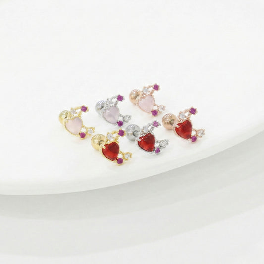 Six crescent moon heart barbell stud earrings in gold, silver, rose gold plating with red and pink cubic zirconia on white background