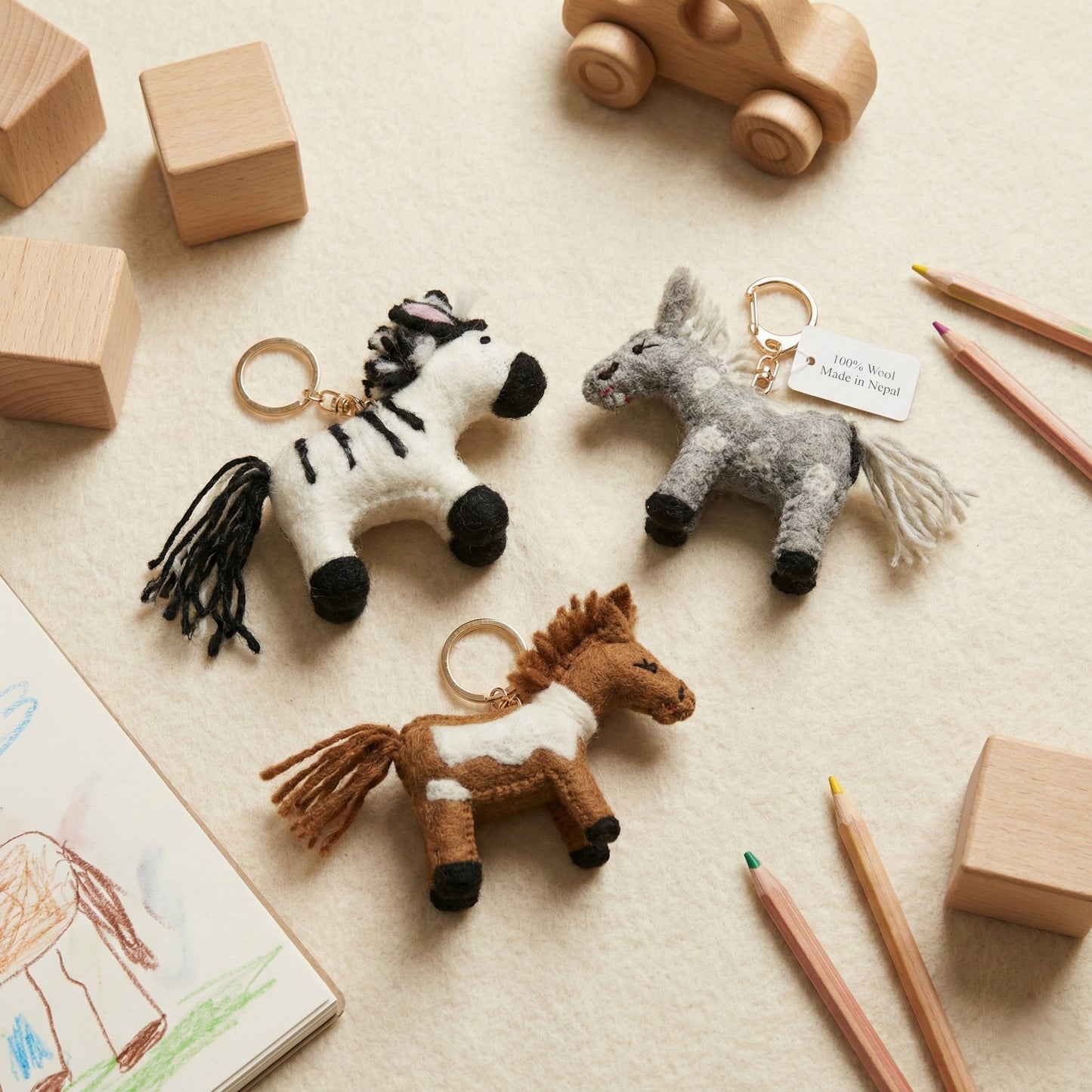 Three handmade wool felt horse keychains from Nepal in brown, grey, and zebra on wooden table with toy blocks and colored pencils
