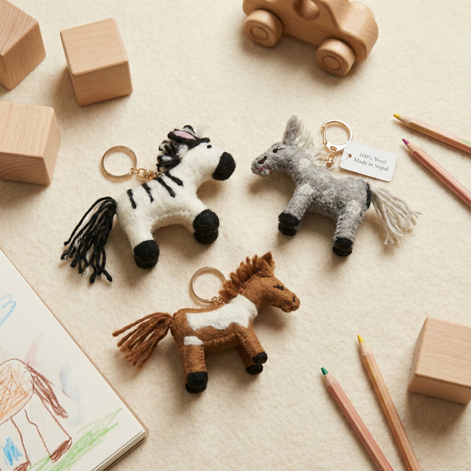 Three handmade wool felt horse keychains from Nepal in brown, grey, and zebra on wooden table with toy blocks and colored pencils