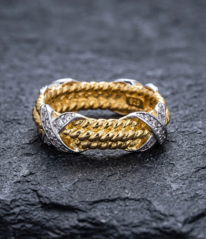 925 Sterling Silver Two-Tone Twisted Rope Band Ring with CZ X-Cross