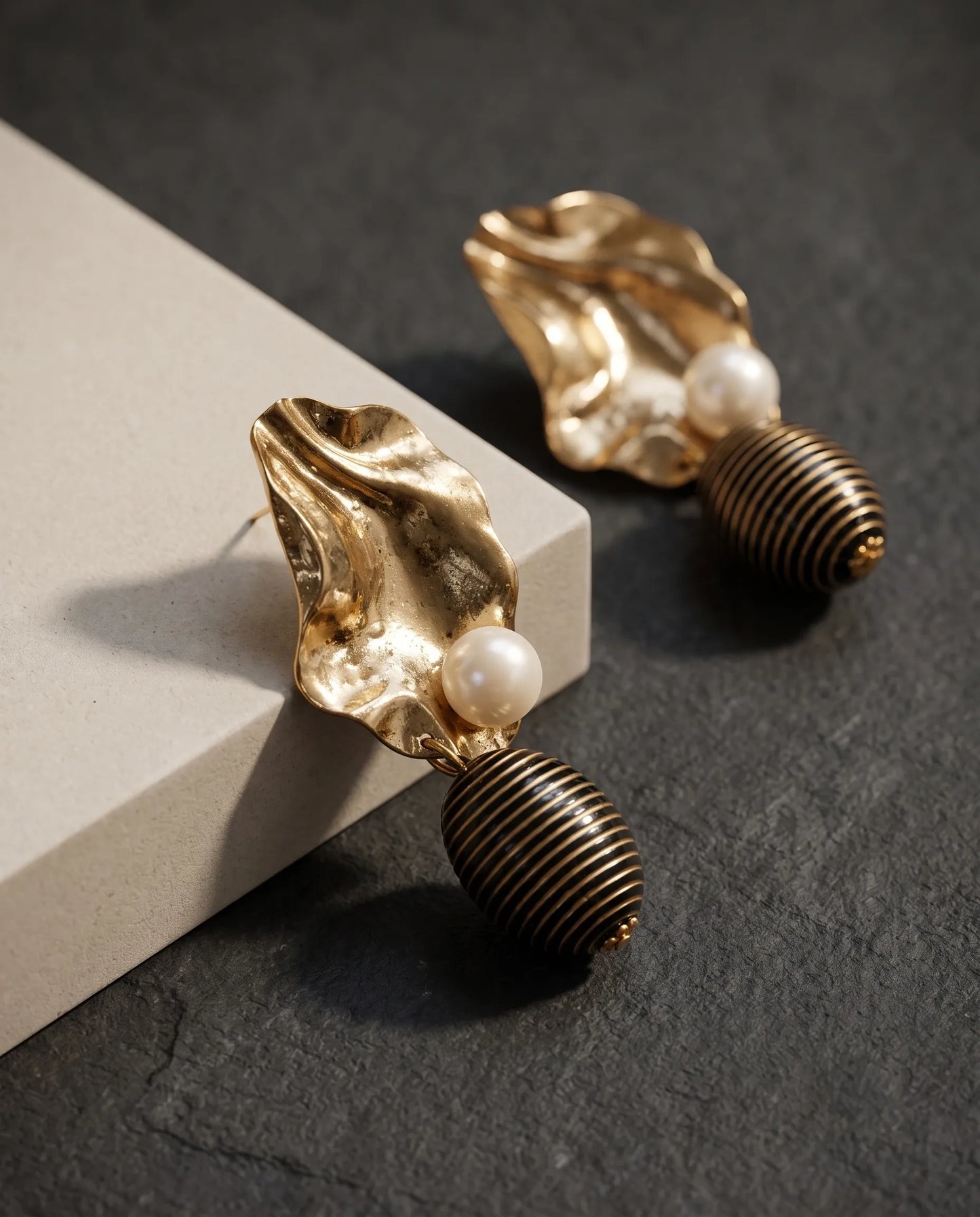 Gold Hammered Pearl Drop Earrings | K-Style Statement | Titanium Post