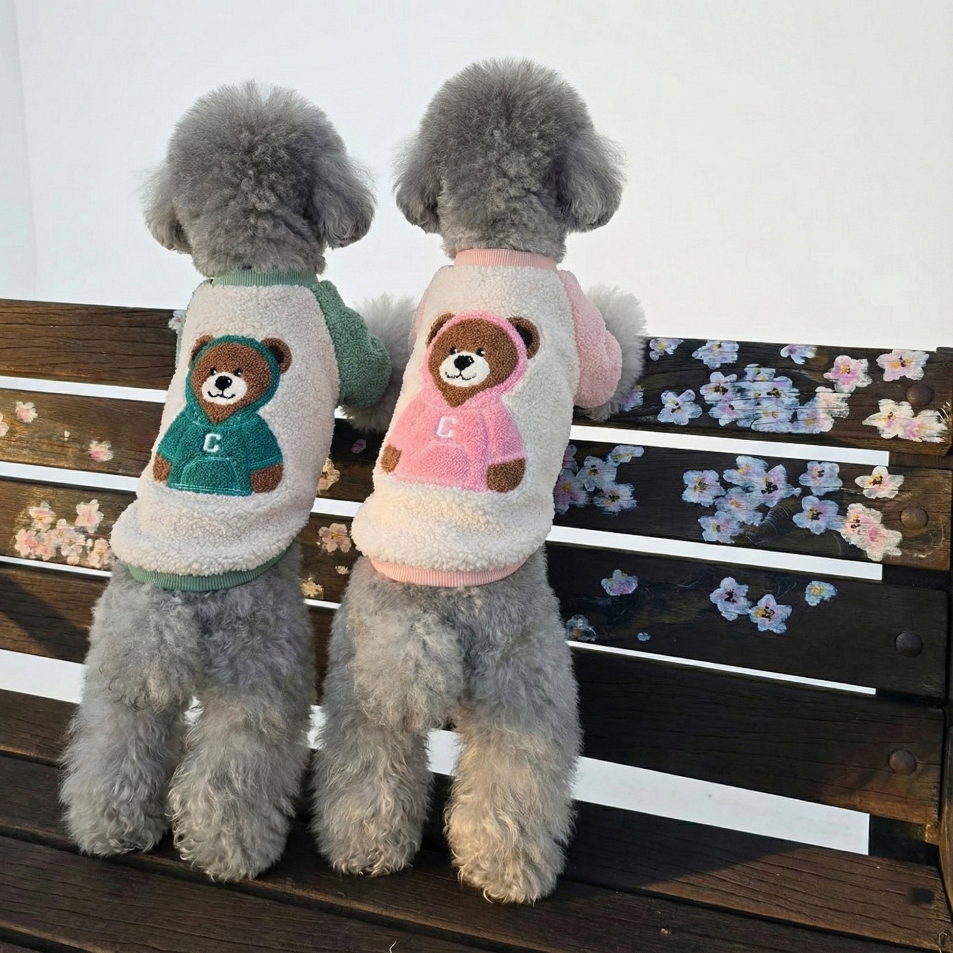 Two gray poodles wearing mint and pink bear fleece dog shirts sitting on wooden bench outdoors