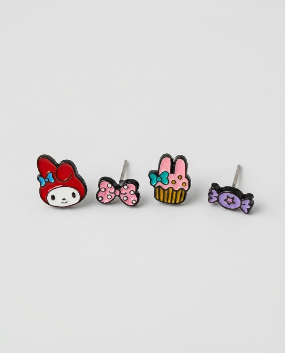 Four piece Sanrio character enamel stud earring set with My Melody and Pompompurin in vibrant colors