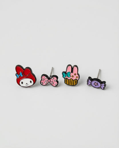Four piece Sanrio character enamel stud earring set with My Melody and Pompompurin in vibrant colors