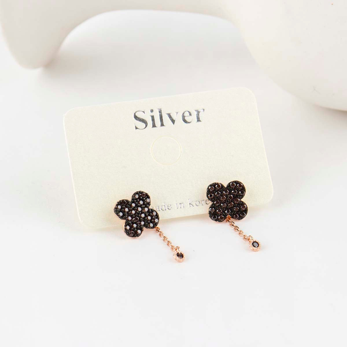  925 sterling silver cognac brown pavé clover two-way drop earrings on silver display card, Made in Korea, rose gold plating