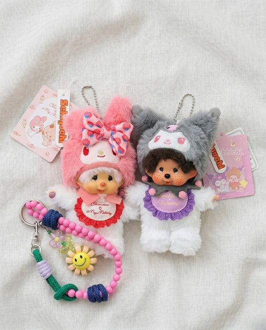 Y2K kawaii plush bag charm keychain flat lay featuring pink bunny and grunge cat ver. with smile bead strap — K-fashion bag layering inspo by 8ttitto8