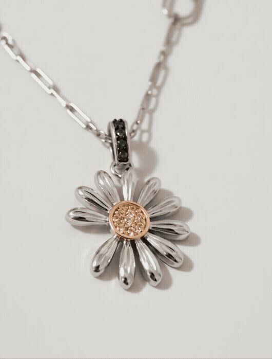 925 Sterling Silver Daisy Pendant Necklace – Green CZ Bail & Yellow Pavé Center