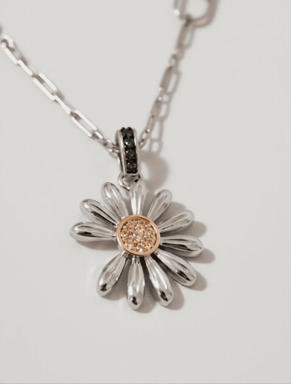 925 Sterling Silver Daisy Pendant Necklace – Green CZ Bail & Yellow Pavé Center
