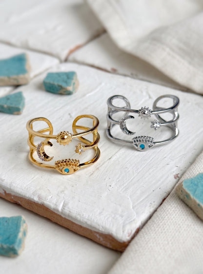  K-style celestial evil eye sun moon star layered brass ring gold silver both colors, bold adjustable statement ring made in Korea.