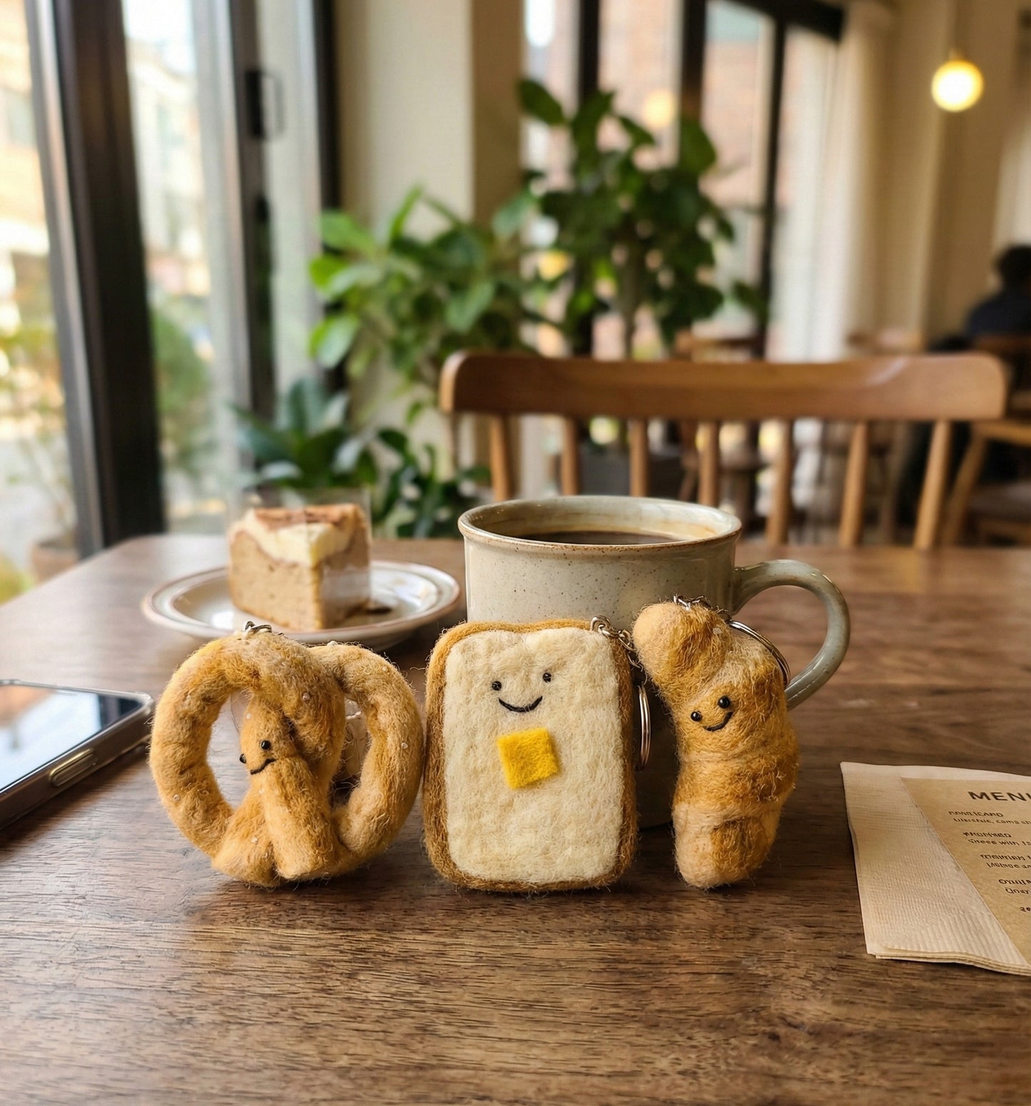 Handmade wool felt bakery keychains from Nepal - Pretzel, Toast and Croissant with smiley faces on cafe table