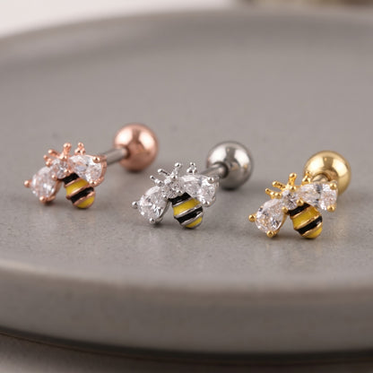K-style flat lay bumblebee CZ piercing stud in gold silver rose gold, surgical steel hypoallergenic, three color options all finishes.