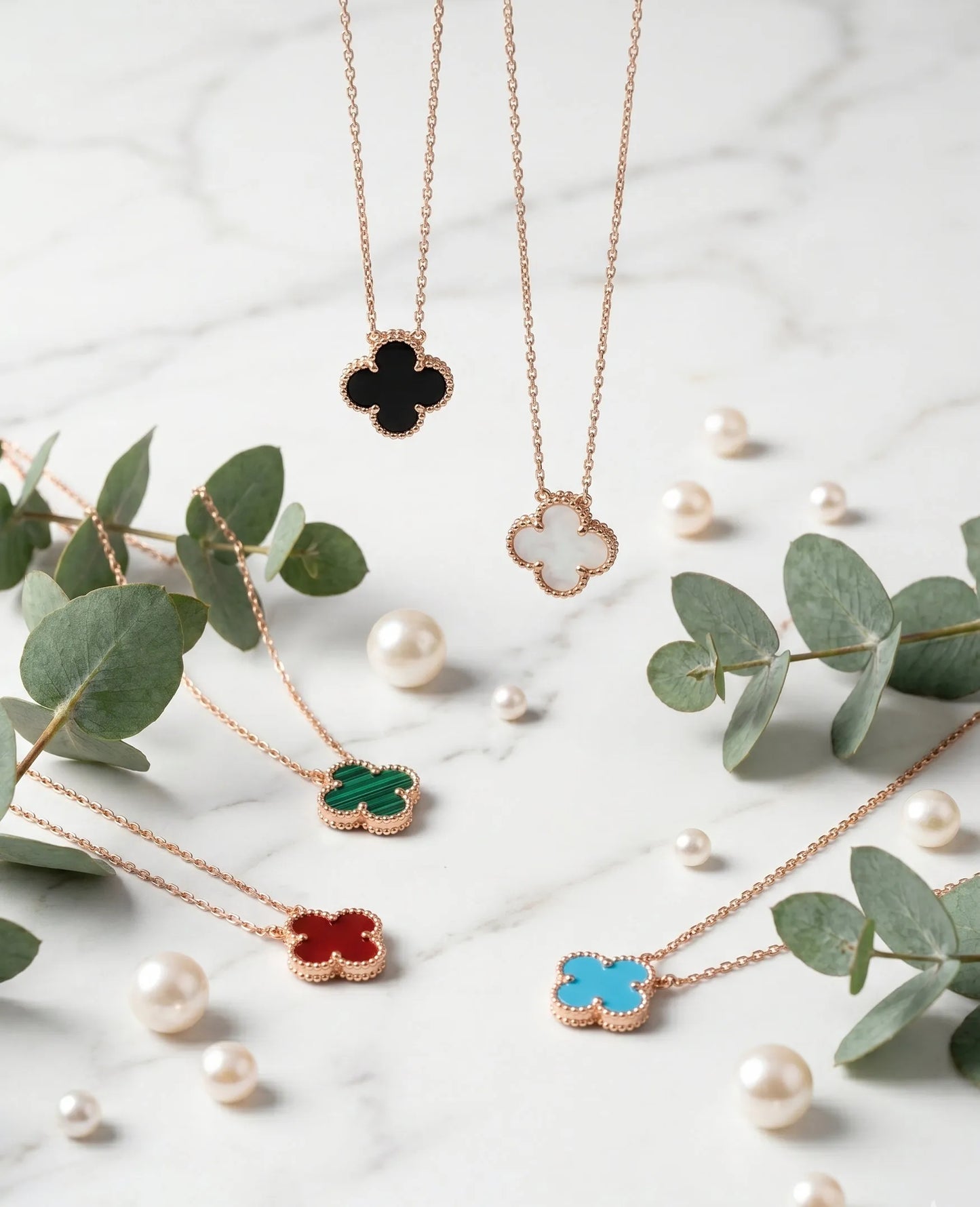 925 Silver Clover Gemstone Necklace | Rose Gold · K-Style