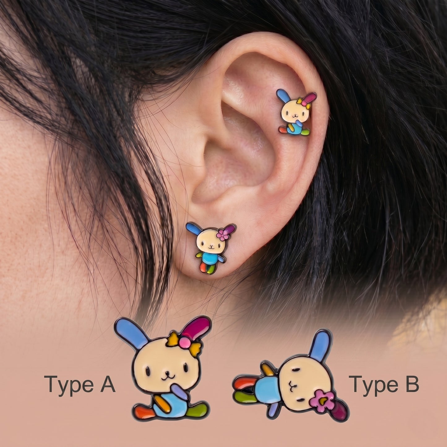 ✅ "Sanrio Usahana Y2K enamel barbell studs 
    flatlay with pastel macarons — kawaii 
    kidcore jewelry handmade in Korea"

