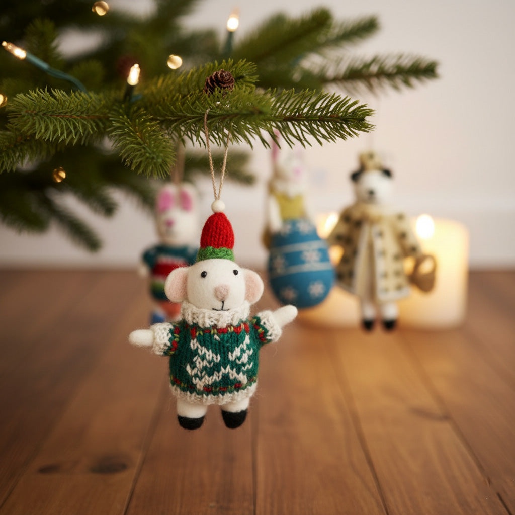 Handmade wool felt bunny ornament hanging on Christmas tree - Nepal artisan cottagecore holiday decoration