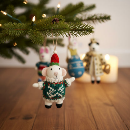 Handmade wool felt bunny ornament hanging on Christmas tree - Nepal artisan cottagecore holiday decoration