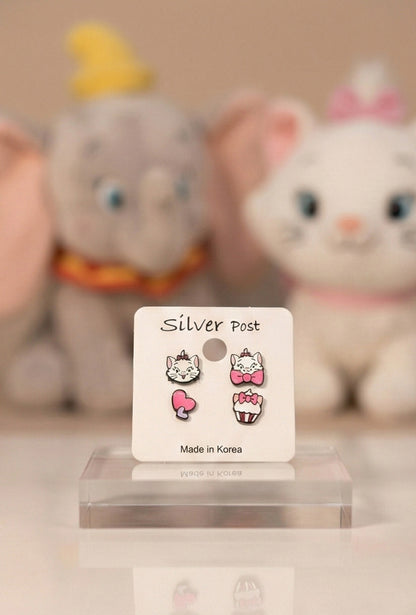 White cat Marie inspired earring set with bow, heart, and cupcake - coquette aesthetic jewelry