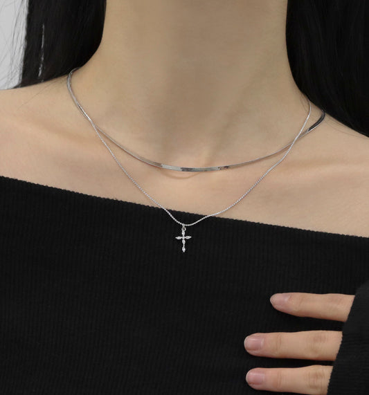 Layered Cross Pendant Necklace, Snake Chain & Box Chain Layered Necklace