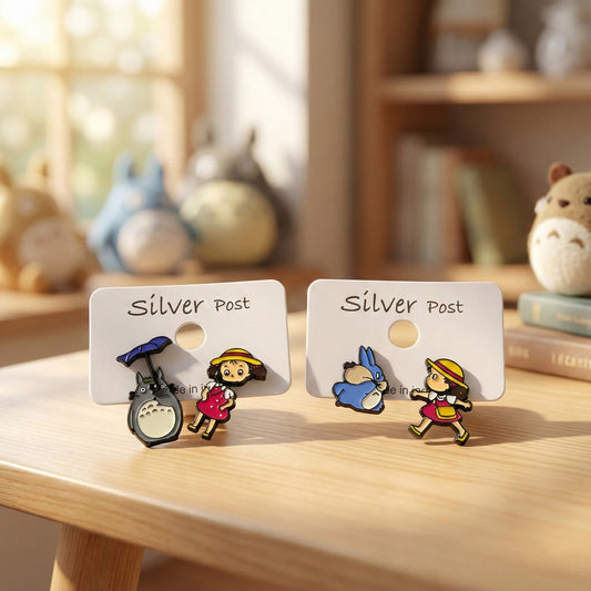 Handmade Studio Ghibli Totoro and Mei enamel earrings with 925 silver posts on display card, Made in Korea