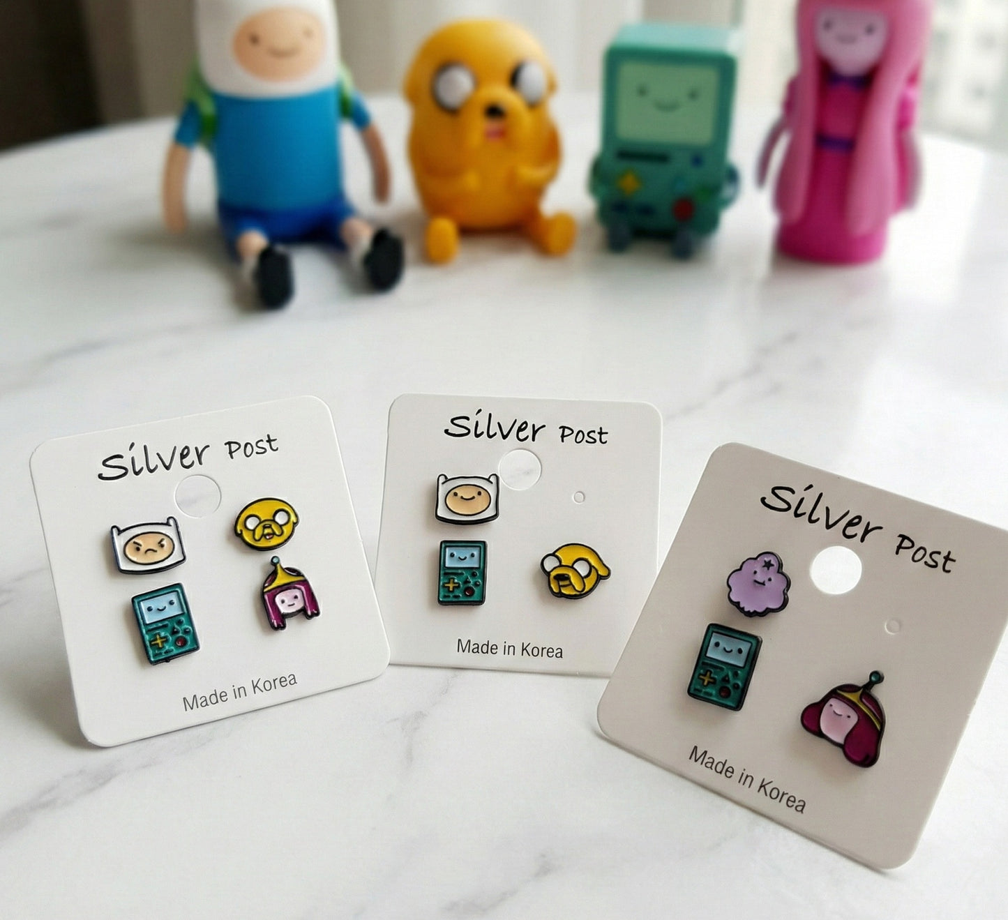Adventure Time character stud earrings set with Finn Jake BMO Princess Bubblegum on white cards, Sterling Silver 925 posts, Made in Korea