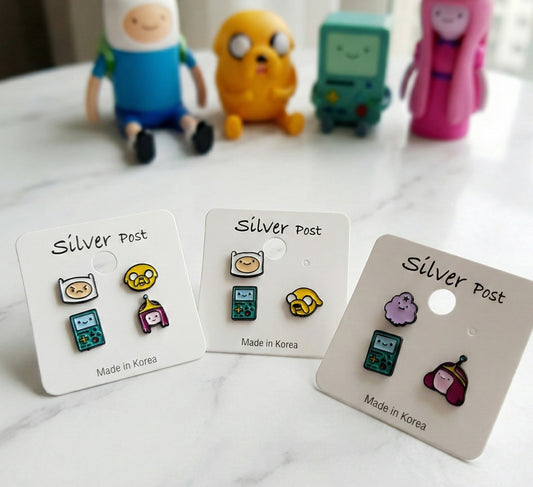 Adventure Time character stud earrings set with Finn Jake BMO Princess Bubblegum on white cards, Sterling Silver 925 posts, Made in Korea