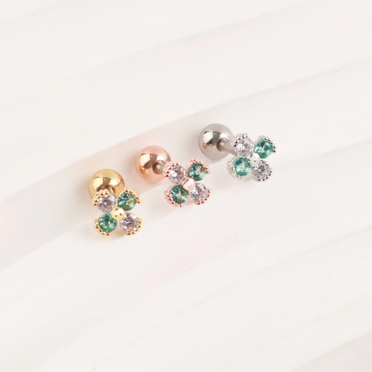Emerald Clover Barbell Stud | Brass + Surgical Steel | K-Style Ear Stack (Single)