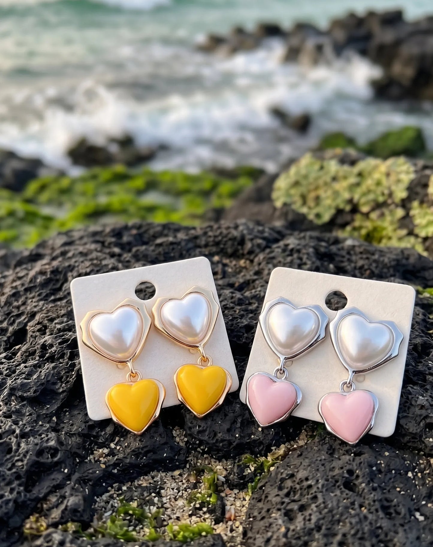 Chunky Double Heart Drop Earrings – Pearl & Color Block