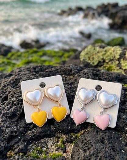 Chunky Double Heart Drop Earrings – Pearl & Color Block