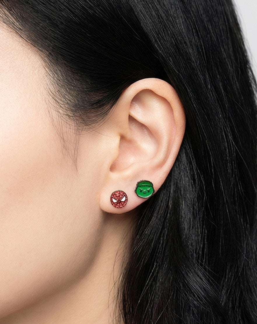 Spider-Man and Hulk Marvel earrings worn on lobe, handmade brass character studs with detailed enamel paint