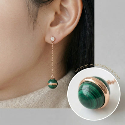 Natural Malachite Drop Earrings — Rose Gold Chain & CZ Stud