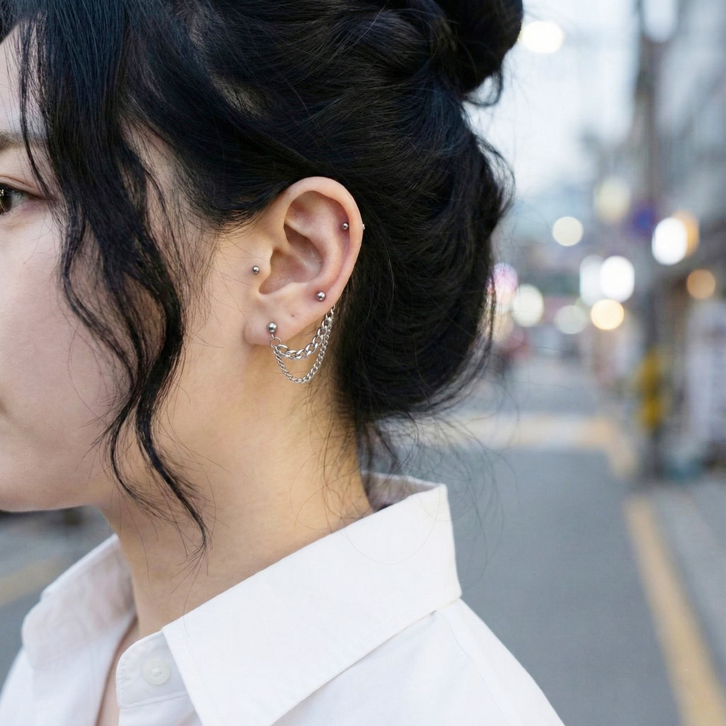 Double Chain Lobe Piercing - Surgical Steel Connected Earring