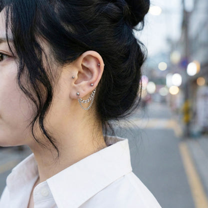 Double Chain Lobe Piercing - Surgical Steel Connected Earring