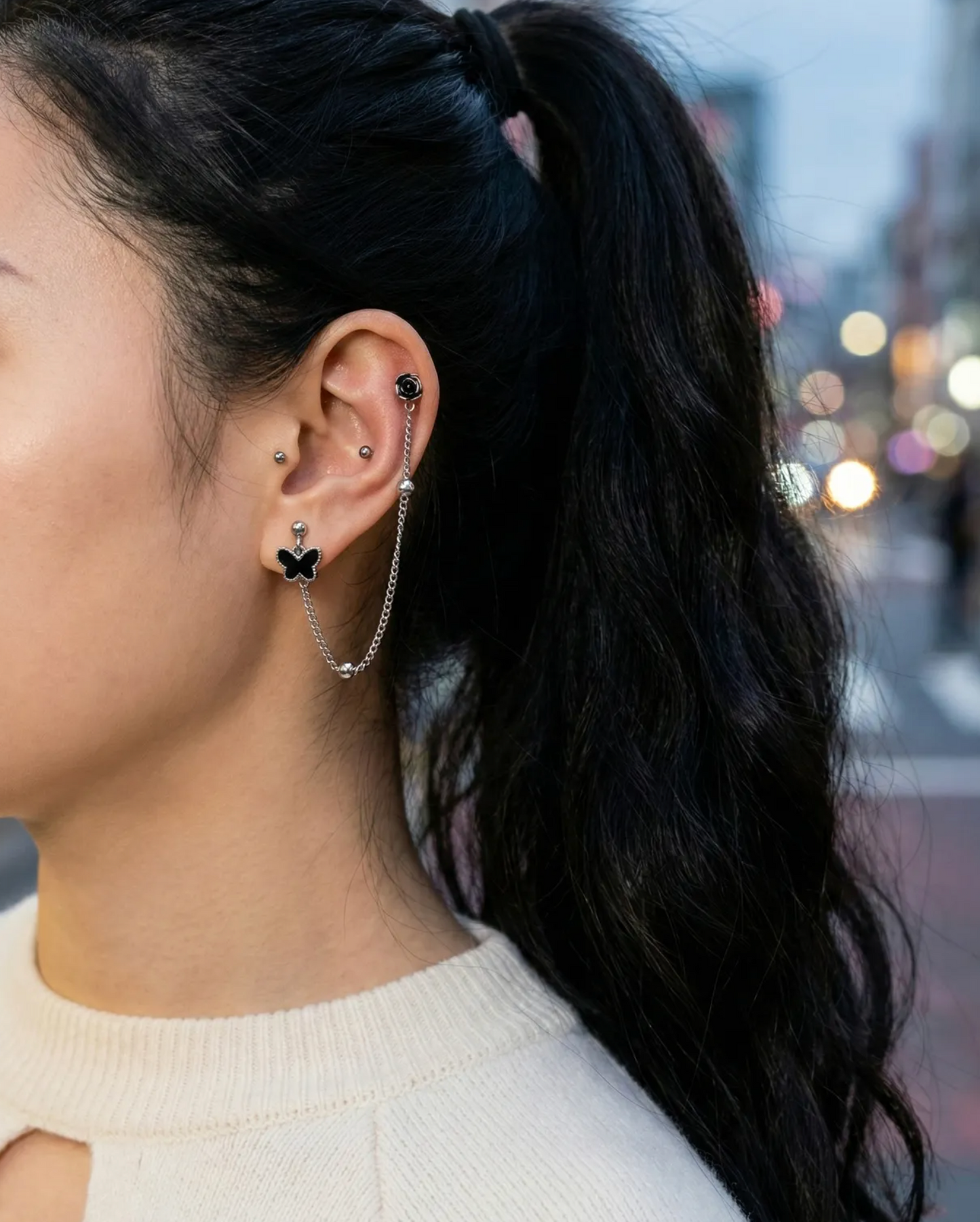 Black Butterfly Rose Chain Connected Piercing Surgical Steel