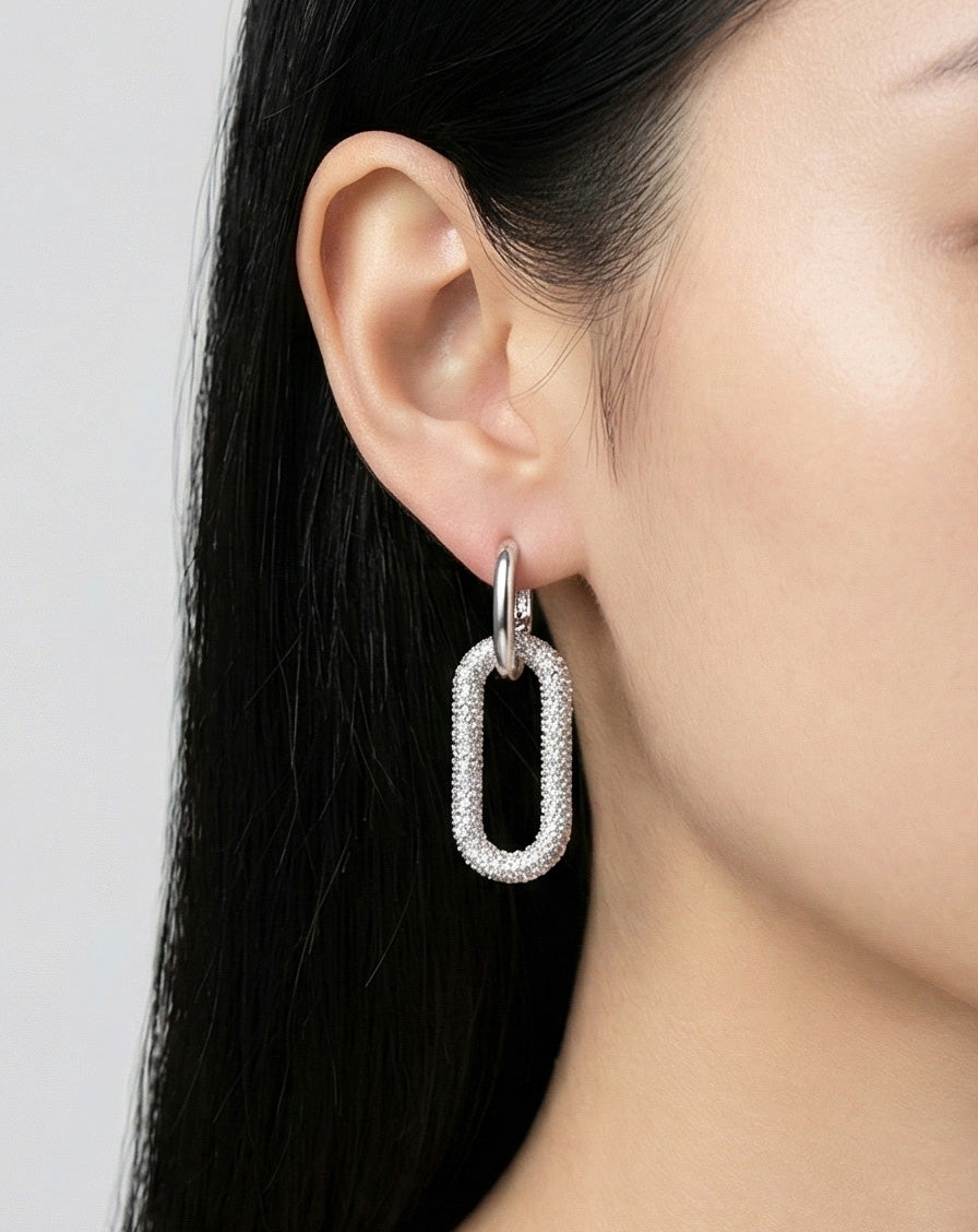 Huggie Hoop Pavé Oval Chain Link Drop Earrings – Gold & Silver