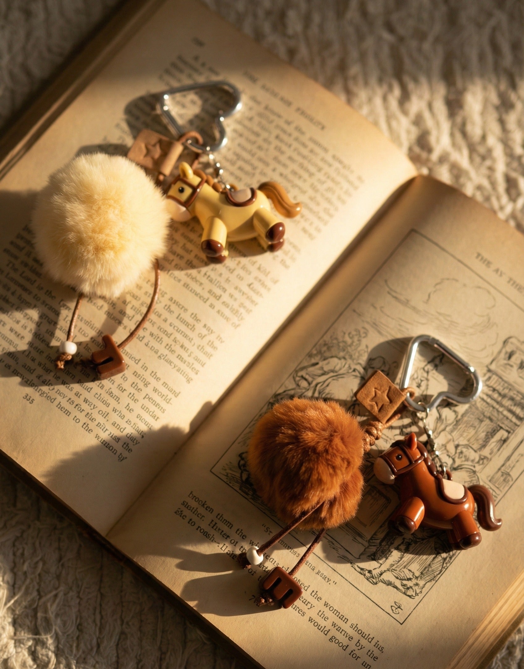  Two Foxy pony horse keychains with fluffy pompoms on vintage book - cream beige and deep brown bag charms 