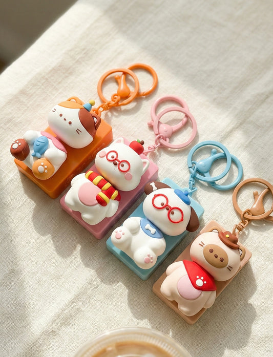 Kawaii Animal 2-Key Keycap Keychain | Cat Dog Pig Charm (4 Colors)