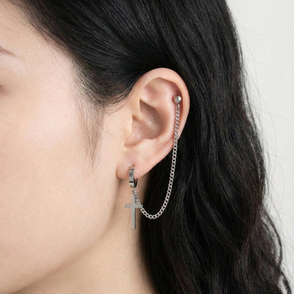 Cross chain connector piercing linking lobe to helix with silver metal finish 