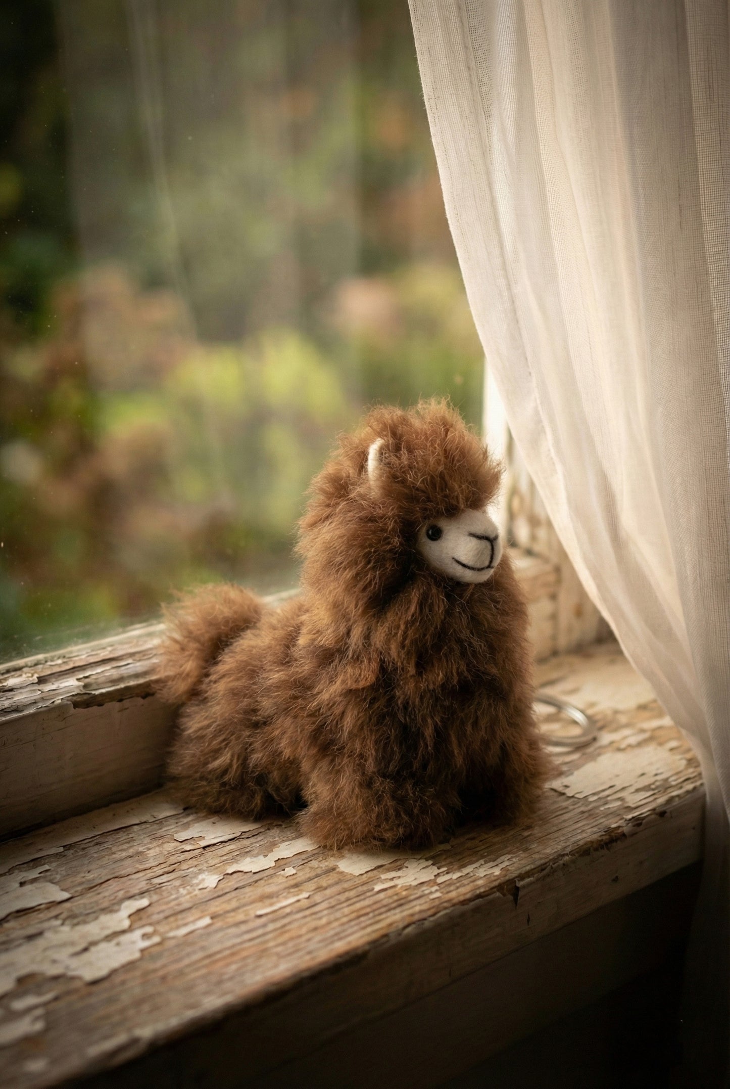 Fluffy brown alpaca plush keychain sitting on rustic wooden windowsill with soft natural light